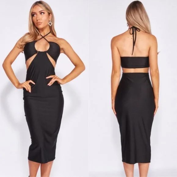 Dresses & Skirts - Black Sleeveless Halter Neck Cutout Open Back Bodycon Midi Dress